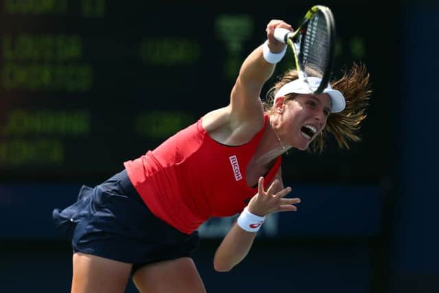 Johanna Konta serves to Louisa Chirico en route to victory in the first round of the US Open. Picture: Clive Brunskill/Getty Images
