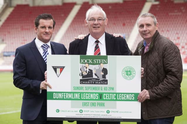 From left to right: Tosh McKinlay, Jim Leishman and Tom Boyd promote Sundays Jock Stein Charity Match at East End Park. Picture: SNS
