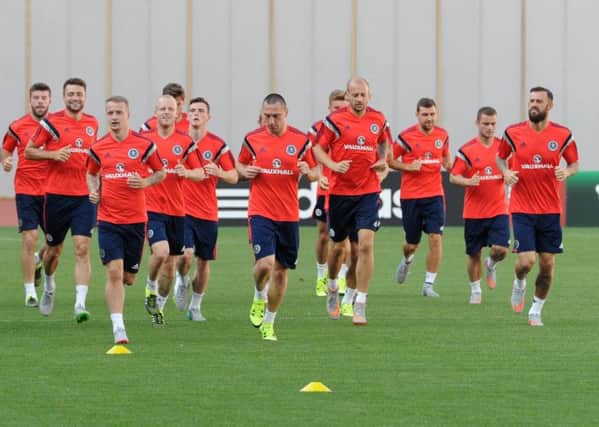 The Scotland squad take part in a training session ahead of tonight's Euro 2016 qualifying match against Georgia. Picture: AFP/Getty