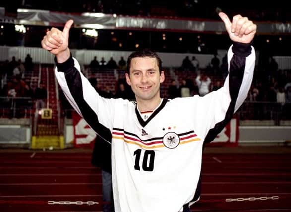 Goalscorer Don Hutchison, above, gives the thumbs up after Scotland's win in Bremen in 1999. Picture: Getty