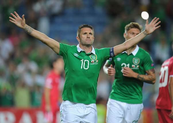 Robbie Keane celebrates after scoring Ireland's 3rd goal during the UEFA EURO 2016 qualifier. Picture: Getty