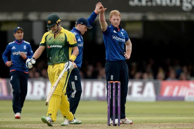 Shane Watson departs after Ben Stokes took his wicket for 39 runs in the second ODI match. Picture: PA