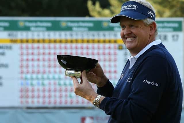Colin Montgomerie with the trophy during at the Travis Perkins Masters. Picture: Getty