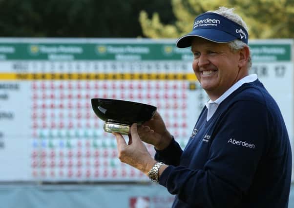 Colin Montgomerie with the trophy during at the Travis Perkins Masters. Picture: Getty