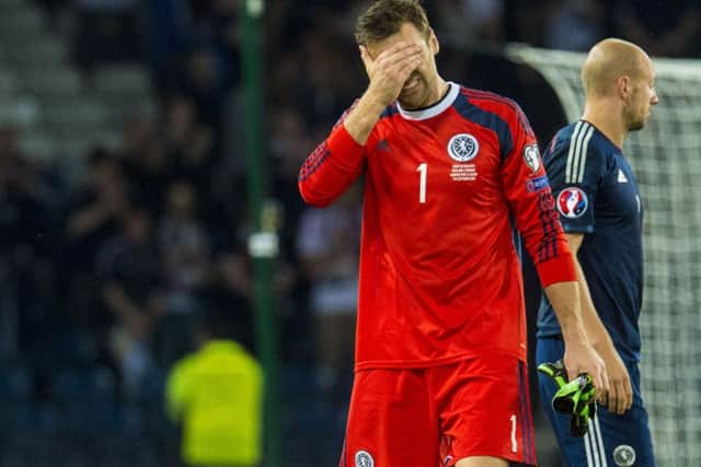 David Marshall reacts to Scotland's 3-2 defeat to Germany. Picture: SNS