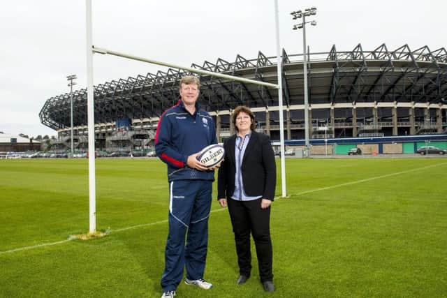 Shade Munro with Sheila Begbie, Scottish Rugbys head of womens and girls rugby, at the launch of the Donna Kennedy Cup. Picture: SNS