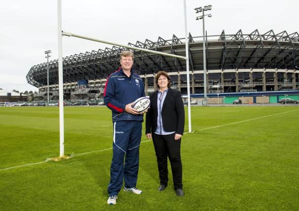 Shade Munro with Sheila Begbie, Scottish Rugbys head of womens and girls rugby, at the launch of the Donna Kennedy Cup. Picture: SNS