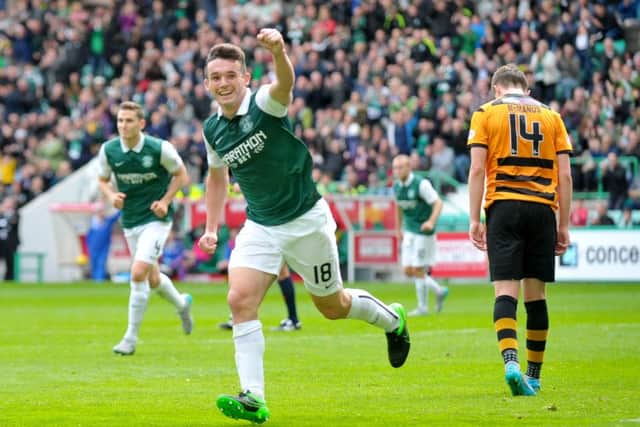 John McGinn celebrates his first goal for Hibs, as the Easter Road club proved too strong for Alloa Athletic. Picture: Jane Barlow