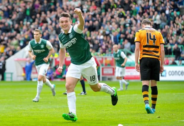 John McGinn celebrates his first goal for Hibs, as the Easter Road club proved too strong for Alloa Athletic. Picture: Jane Barlow