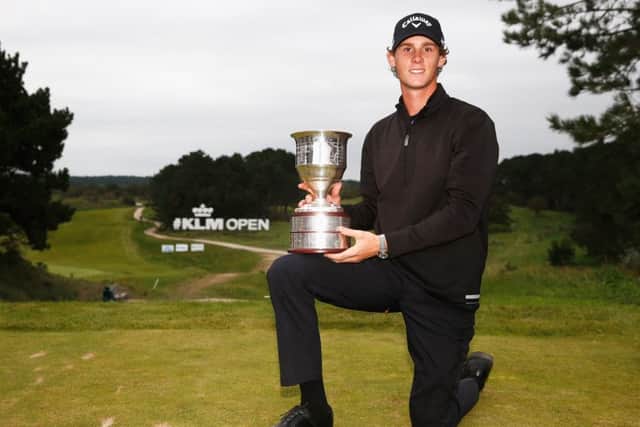 Thomas Pieters, winner of the Czech Masters two weeks ago, poses with the trophy at the KLM Open at Zandvoort. Picture: Getty