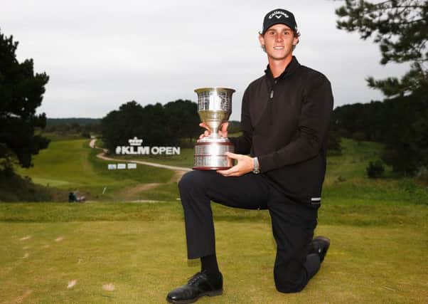 Thomas Pieters, winner of the Czech Masters two weeks ago, poses with the trophy at the KLM Open at Zandvoort. Picture: Getty