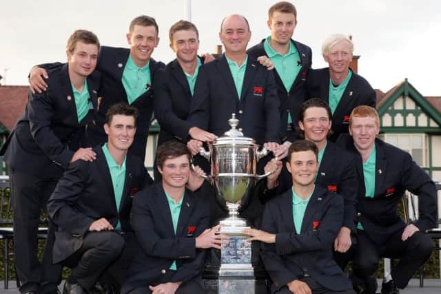 The victorious Great Britain and Ireland team celebrate with the trophy. Picture: Getty Images