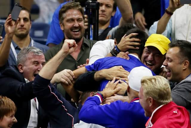 Gerard Butler was there to support Djokovic. Picture: Getty