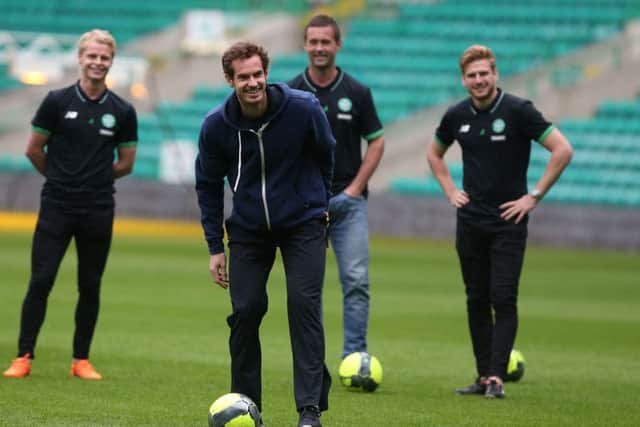 Andy Murray takes on the crossbar challenge at Celtic Park. Picture: PA