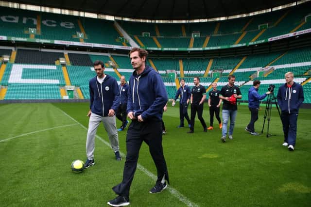 Great Britain's Davis Cup tennis team member Andy Murray, before taking part in the cross bar challenge at Celtic Park. Picture: PA