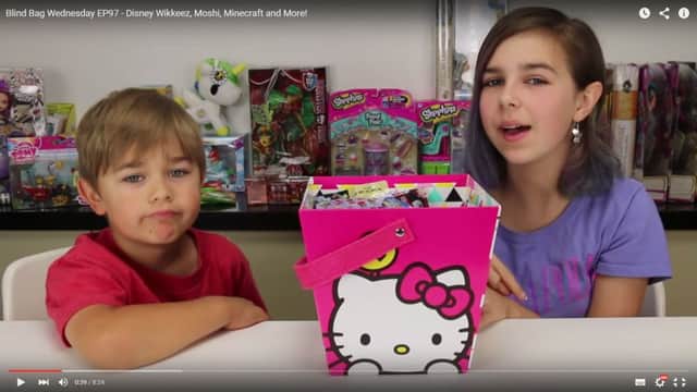 Blind Bag Wednesday, hosted by primary school-age US brother and sister Audrey and Otto, is just one of a growing number of unboxing video shows aimed at impressionable children. Picture: Contributed