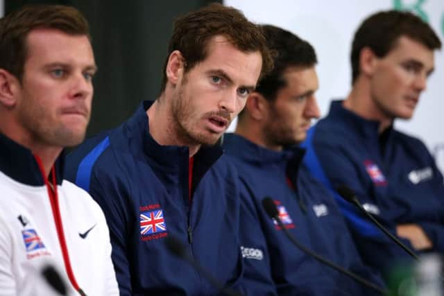 GB Davis Cup captain Leon Smith, Andy Murray, James Ward and Jamie Murray face the media. Picture: Andrew Milligan/PA
