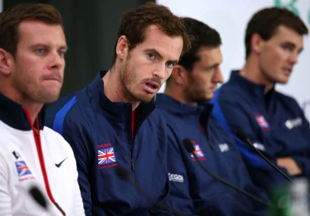 GB Davis Cup captain Leon Smith, Andy Murray, James Ward and Jamie Murray face the media. Picture: Andrew Milligan/PA