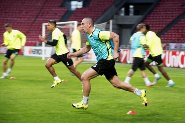 Celtic and Scotland captain Scott Brown takes part in sprints during the Parkhead club's training session at the Amsterdam ArenA. Picture: AFP/Getty