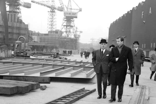 Prince Albert of Belgium tours Fairfields with James Lenagham, managing director, in March 1964