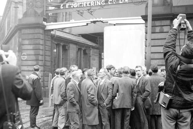 A group of electricians are locked out at Fairfields shipyard in August 1965 after they reported for duty following an official strike