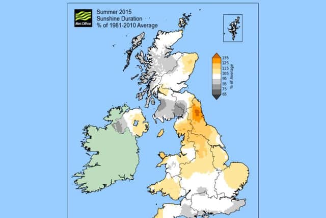 Map showing hours of sunlight in the UK this summer and how that compares to histroical average. Picture: Met Office