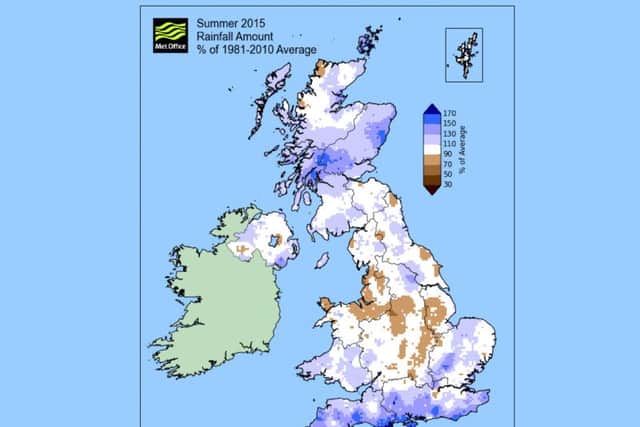 Map dispalying amount of rainfall in the UK this summer and how that compares to histroical average. Picture: Met Office