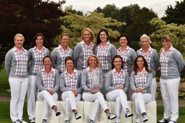 Team Europe, top, and Team USA pose for photographs prior to the start of the Solheim Cup. Pictures: Getty