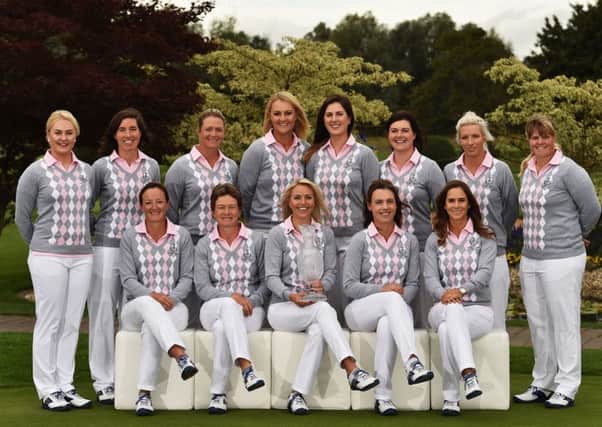 Team Europe, top, and Team USA pose for photographs prior to the start of the Solheim Cup. Pictures: Getty