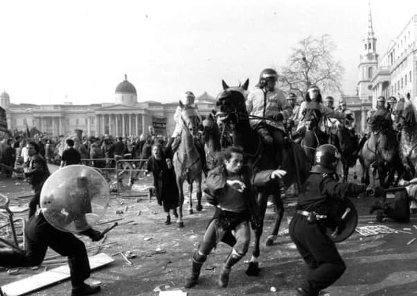 The anti-Poll Tax riot in London's Trafalgar Square in 1990. Picture: David Hoffman