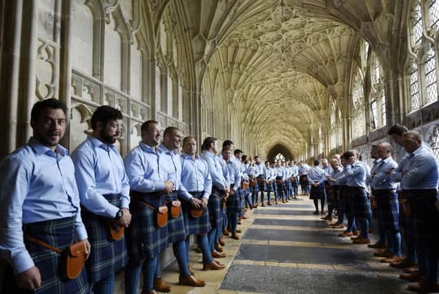 Greig Laidlaw, left, lines up with his team-mates in Gloucester Cathedral prior to Scotlands World Cup welcoming ceremony. Picture: AFP/Getty