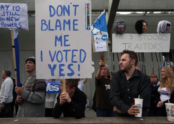 Yes campaigners protesting outside the Scottish Parliament in Edinburgh following the Scottish independence referendum result. Picture: PA