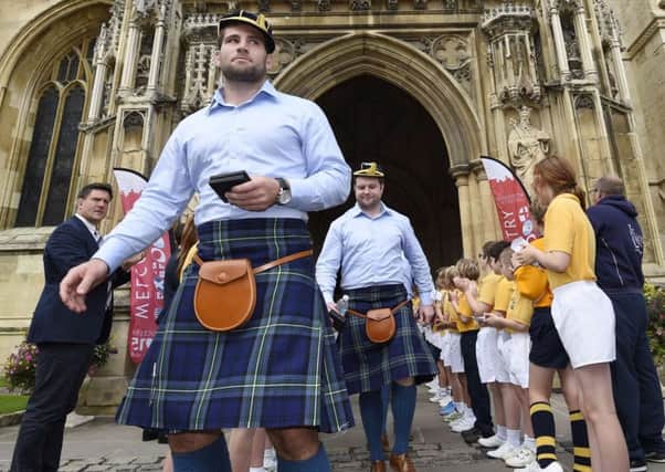 Scotland hooker Fraser Brown leaves Gloucester Cathedral after the teams official welcoming ceremony. Picture: Getty