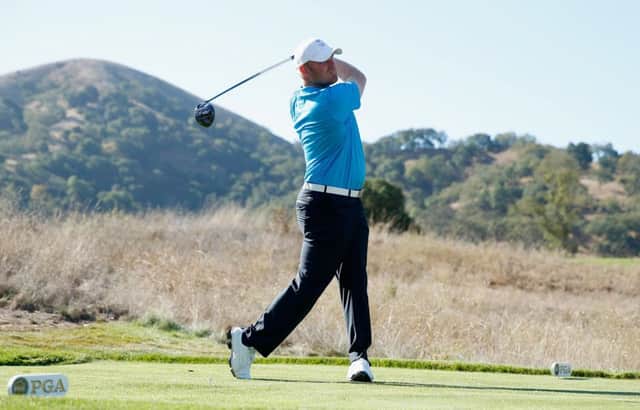 SAN MARTIN, CA - SEPTEMBER 18:   Gareth Wright of the Great Britain & Ireland team hits a tee shot on the fifth hole during the Friday Four-Ball matches at the 27th PGA Cup at CordeValle on September 18, 2015 in San Martin, California.  (Photo by Scott Halleran/Getty Images)