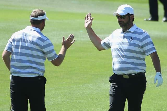 Graham Fox, left, and David Dixon celebrate a holed putt on the second day in the 27th PGA Cup at CordeValle in California Picture: Getty Images