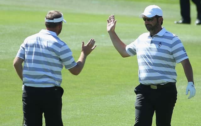 Graham Fox, left, and David Dixon celebrate a holed putt on the second day in the 27th PGA Cup at CordeValle in California Picture: Getty Images