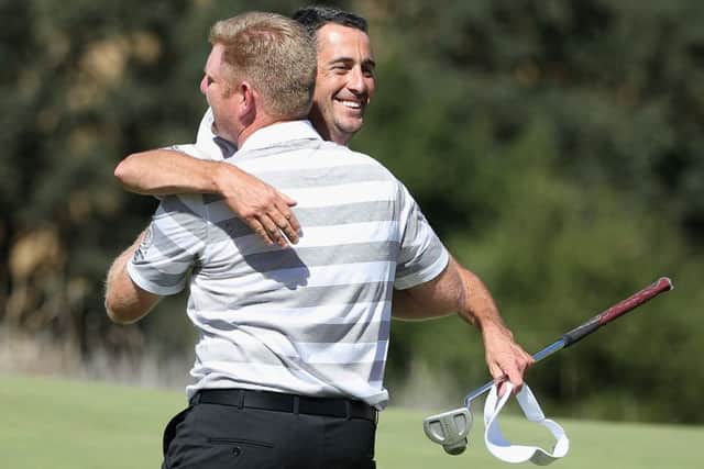 Gareth Wright, left, and Jason Levermore celebrate their 3&2 morning win in the 27th PGA Cup at CordeValle Picture: Getty Images