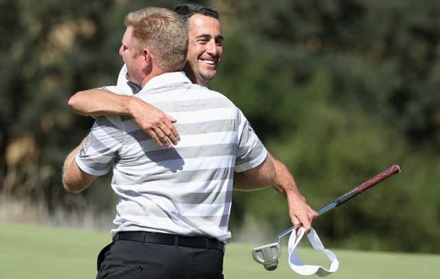 Gareth Wright, left, and Jason Levermore celebrate their 3&2 morning win in the 27th PGA Cup at CordeValle Picture: Getty Images