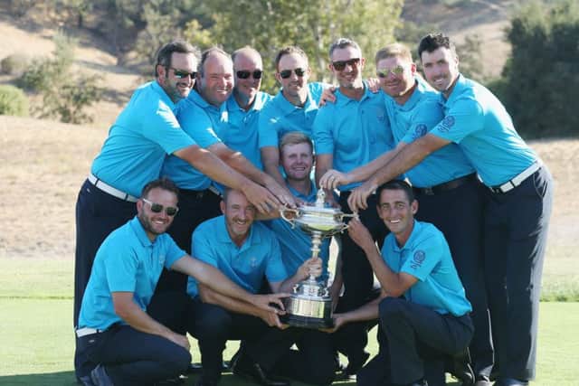 Captain Jon Bevan poses with his Great Britain & Ireland team.  Picture: Getty