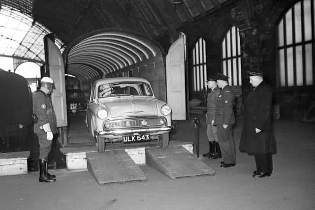 A demonstration of British Railways' new car sleeper service at St Enoch station in 1958