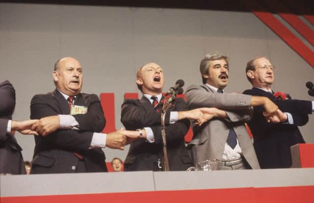 Neil Kinnock at a Labour Party Conference in Blackpool. To his right is Larry Whitty. Picture: Hulton Archive/Getty
