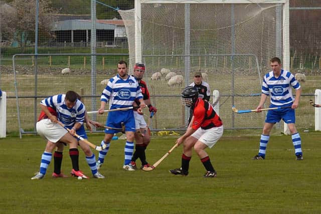 Newtonmore shinty team, in blue and white, play a match. Picture: Contributed