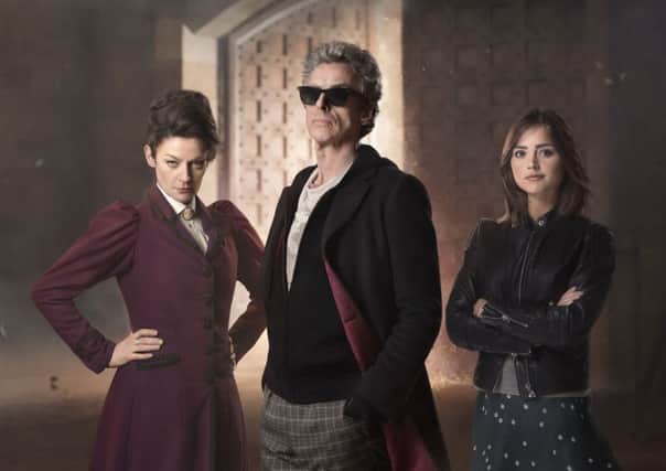 Michelle Gomez, left, with Peter Capaldi and Jenna Coleman. Picture: BBC/Simon Ridgway