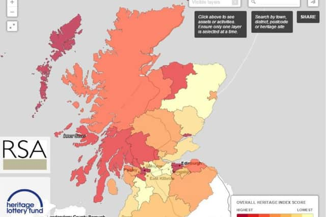 Darker areas of the map recieved a higher heritage scoring from the Royal Society of Arts . Picture: RSA