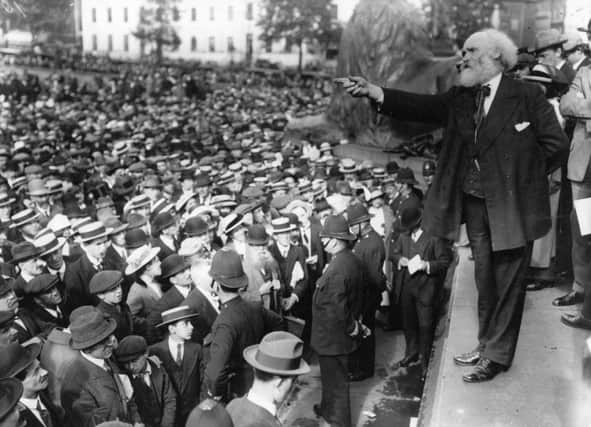 Keir Hardie addresses a crowd in Trafalgar Square. Tomorrow marks the 100th anniversary of his death but his legacy lives on. Picture: Getty