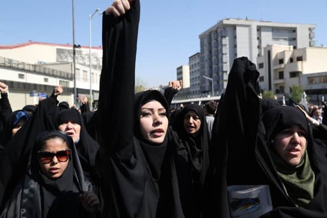 Iranian protestors shout slogans during a demonstration against Saudi Arabia after the hajj disaster. Picture: Getty