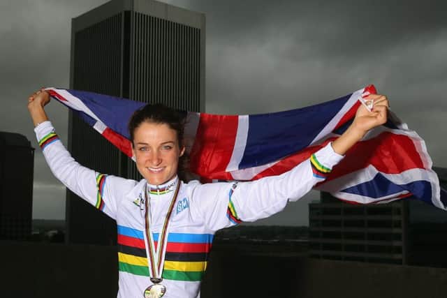 Lizzie Armitstead poses in the rainbow jersey after her victory at the Road Cycling World Championships in Virginia. Picture: Getty