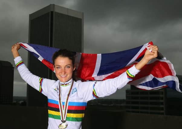 Lizzie Armitstead poses in the rainbow jersey after her victory at the Road Cycling World Championships in Virginia. Picture: Getty