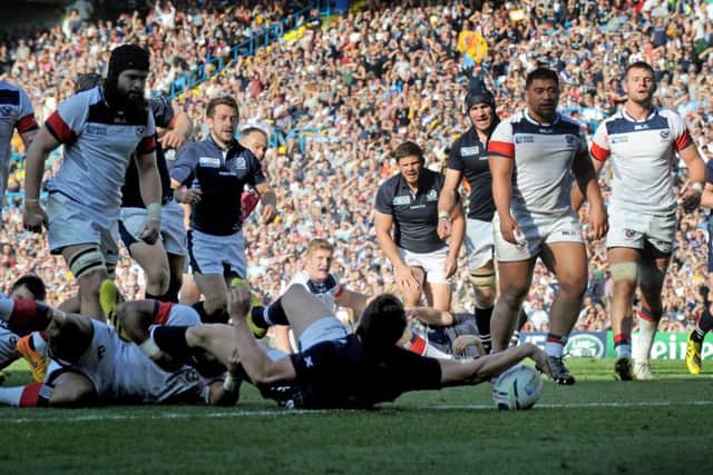 Matt Scott reaches out to score his try. Picture: Jane Barlow