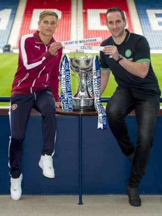 Hearts striker Gavin Reilly and Celtic coach John Kennedy after the sides were paired together in the League Cup quarter-finals. Picture: SNS Group